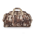 Camouflage-patterned duffel bag with beige accents on a white background