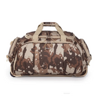 Camouflage-patterned duffel bag with beige accents on a white background