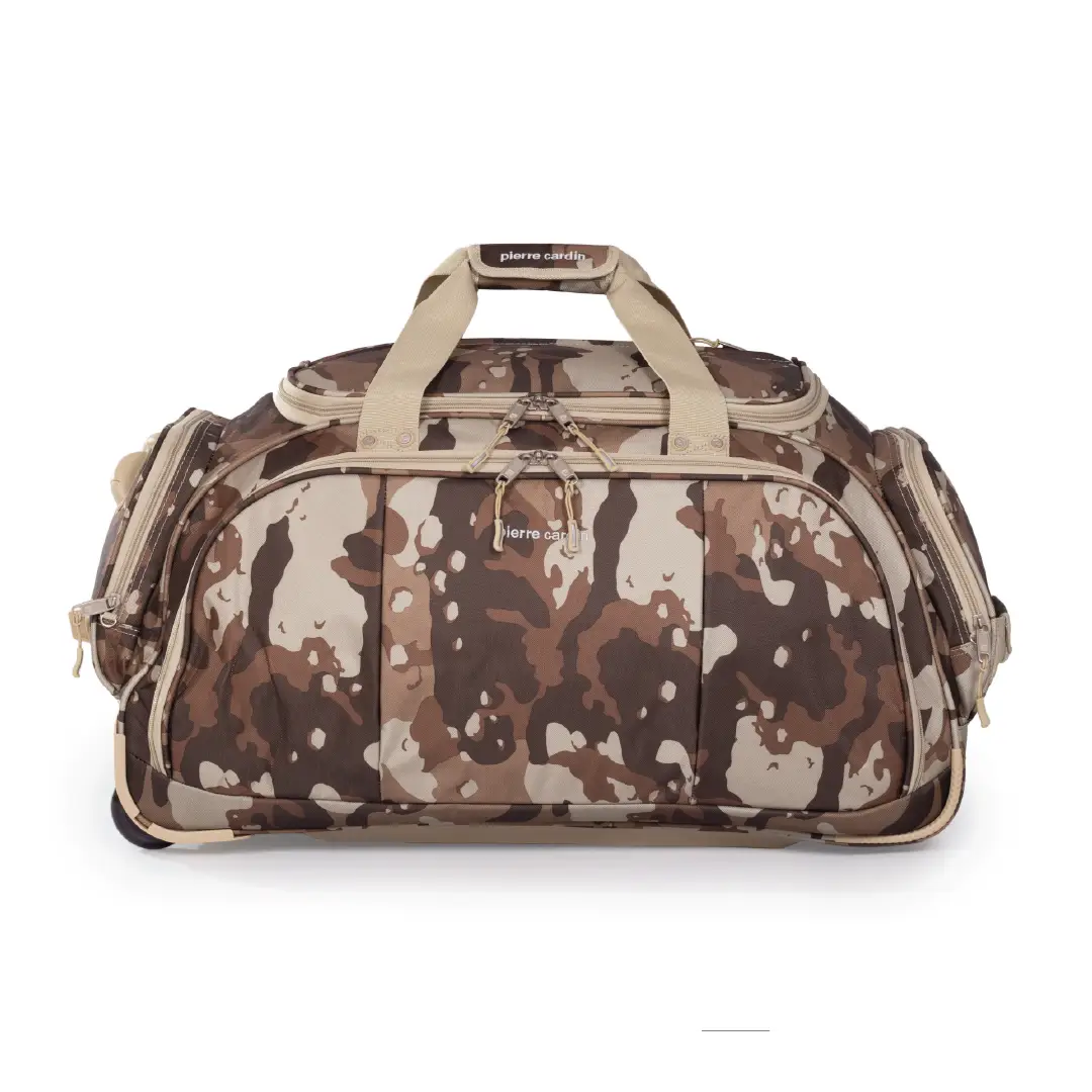 Camouflage-patterned duffel bag with beige accents on a white background