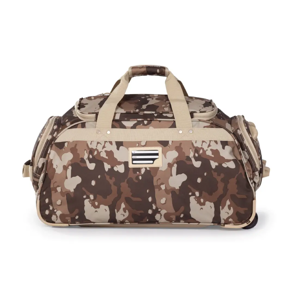 Camouflage-patterned duffel bag with beige accents on a white background