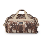 Camouflage-patterned duffel bag with beige accents on a white background