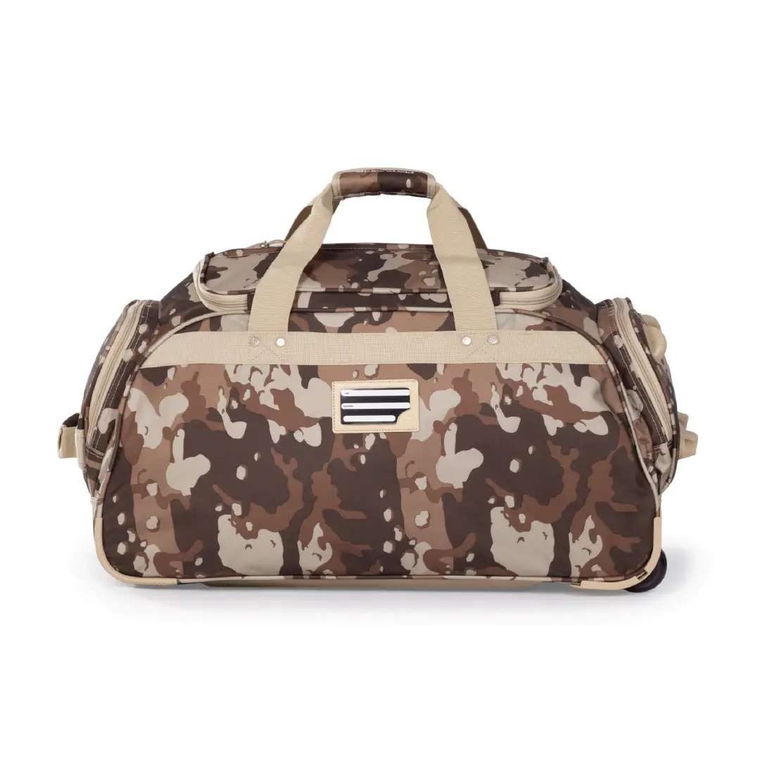 Camouflage-patterned duffel bag with beige accents on a white background
