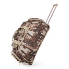 Camouflage-patterned rolling suitcase on a white background
