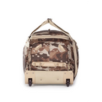 Camouflage-patterned duffel bag with wheels on a white background