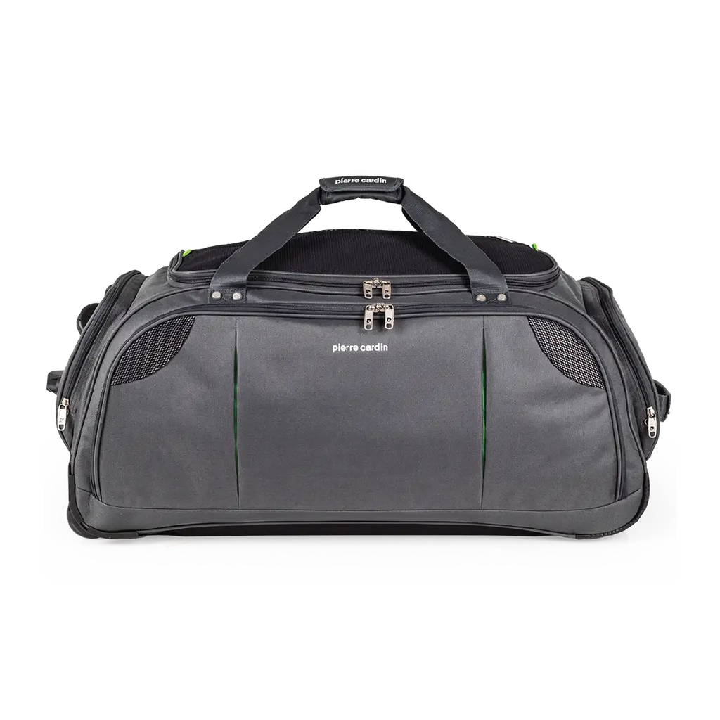 Gray duffel bag with black straps on a white background