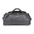 Gray duffel bag with black straps on a white background