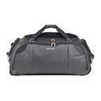 Gray duffel bag with black straps on a white background