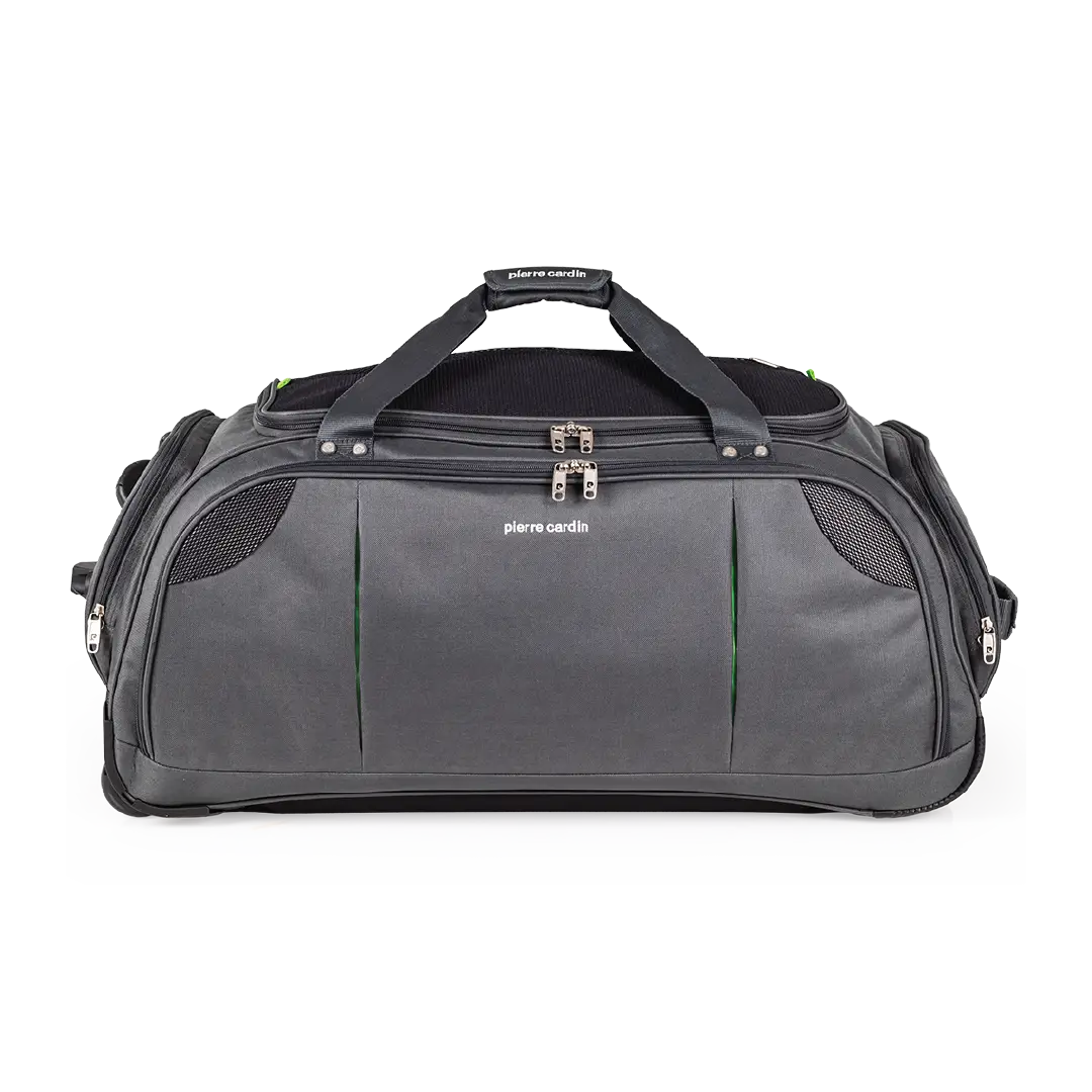 Gray duffel bag with black straps on a white background