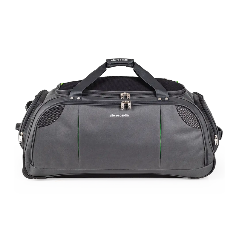 Gray duffel bag with black straps on a white background