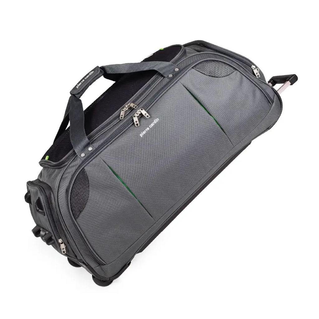 Gray rolling suitcase with handle and wheels on a white background