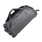 Gray rolling suitcase with handle and wheels on a white background