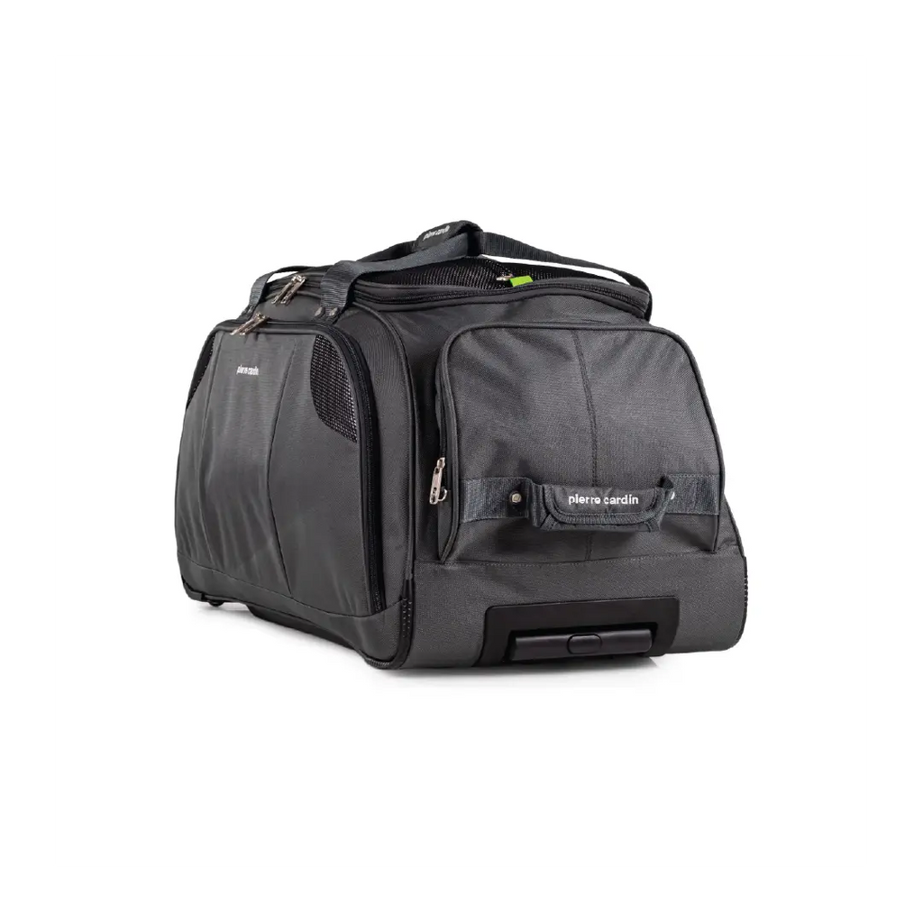 Black travel duffel bag with wheels on a white background