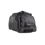 Black travel duffel bag with wheels on a white background