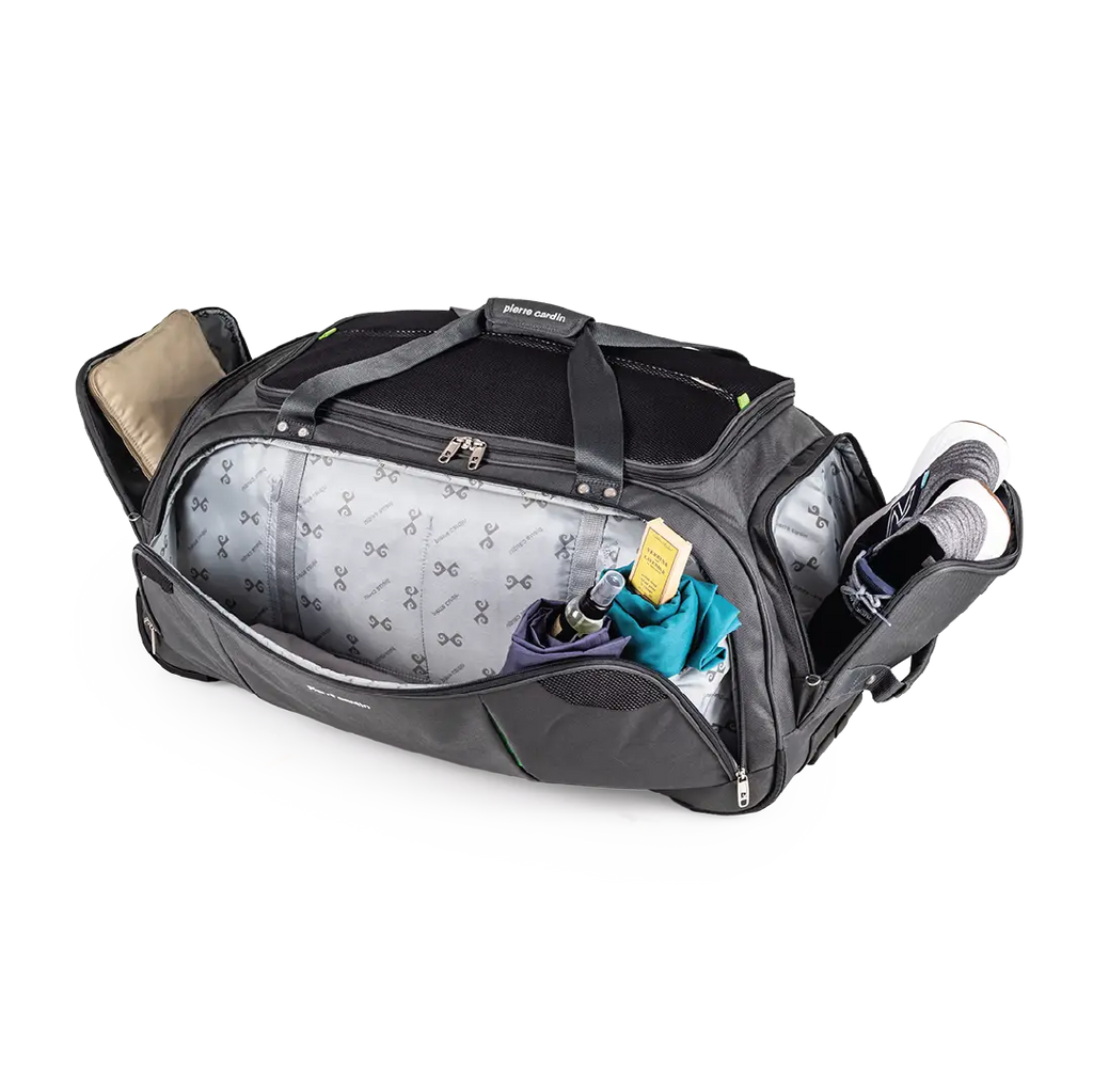 Black duffel bag with compartments on a white background
