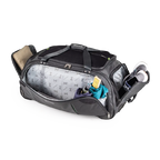 Black duffel bag with compartments on a white background