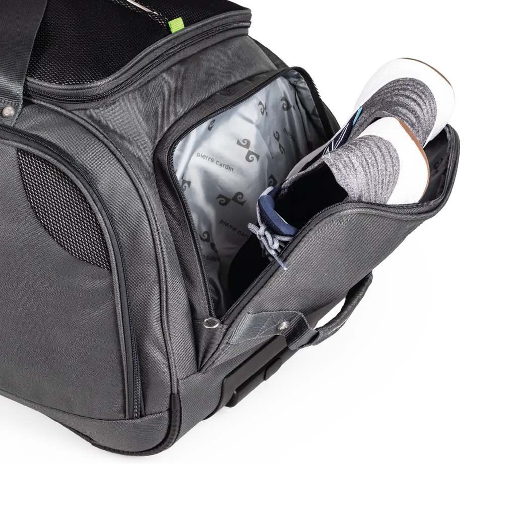Gray backpack with a compartment open, revealing a golf bag and club inside.
