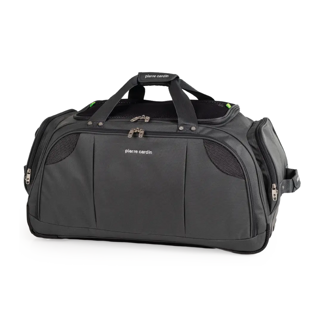 Black duffel bag with 'Pierre Cardin' branding on a white background