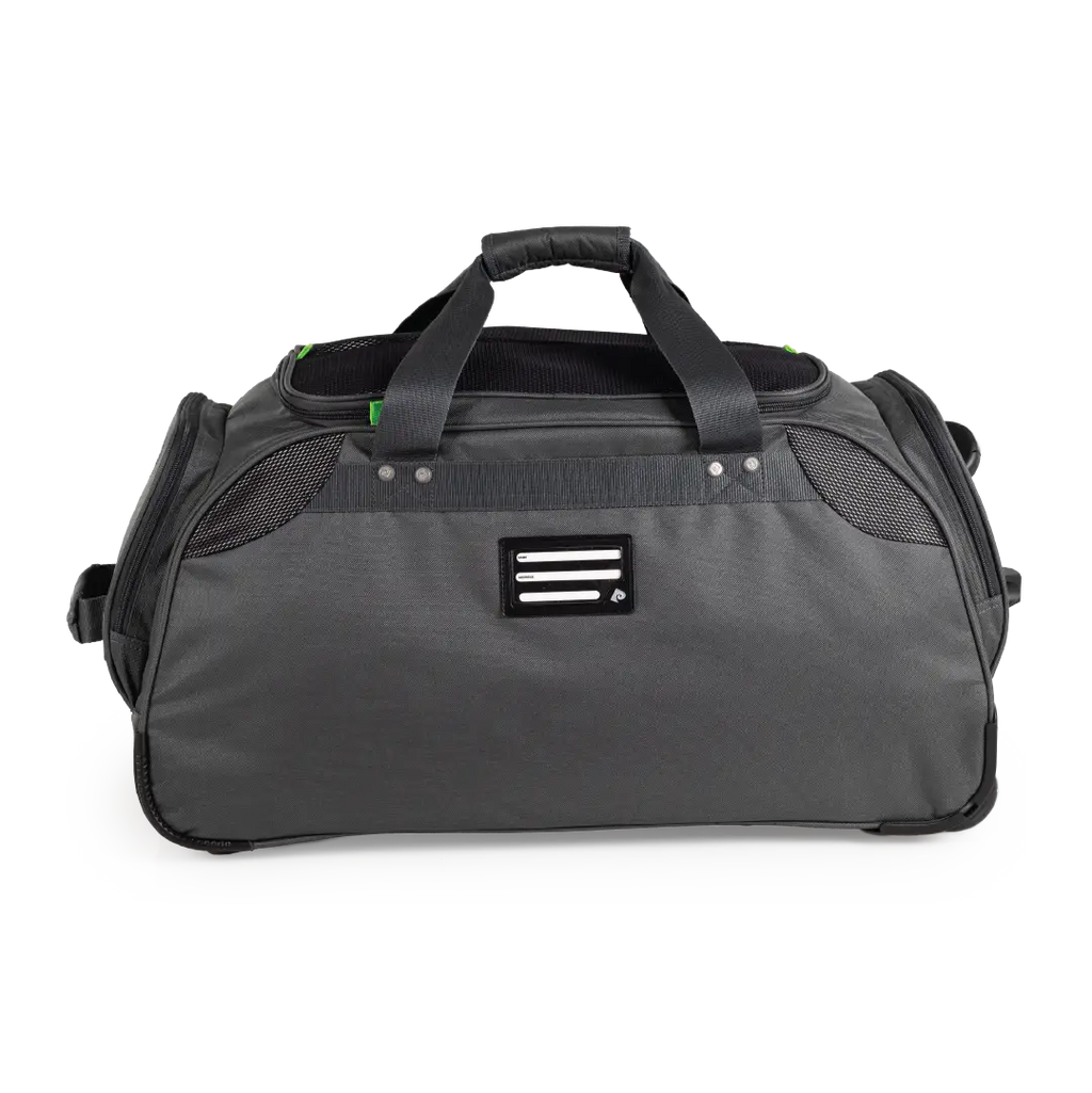 Gray duffel bag with a black handle and logo on a white background