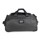 Gray duffel bag with a black handle and logo on a white background