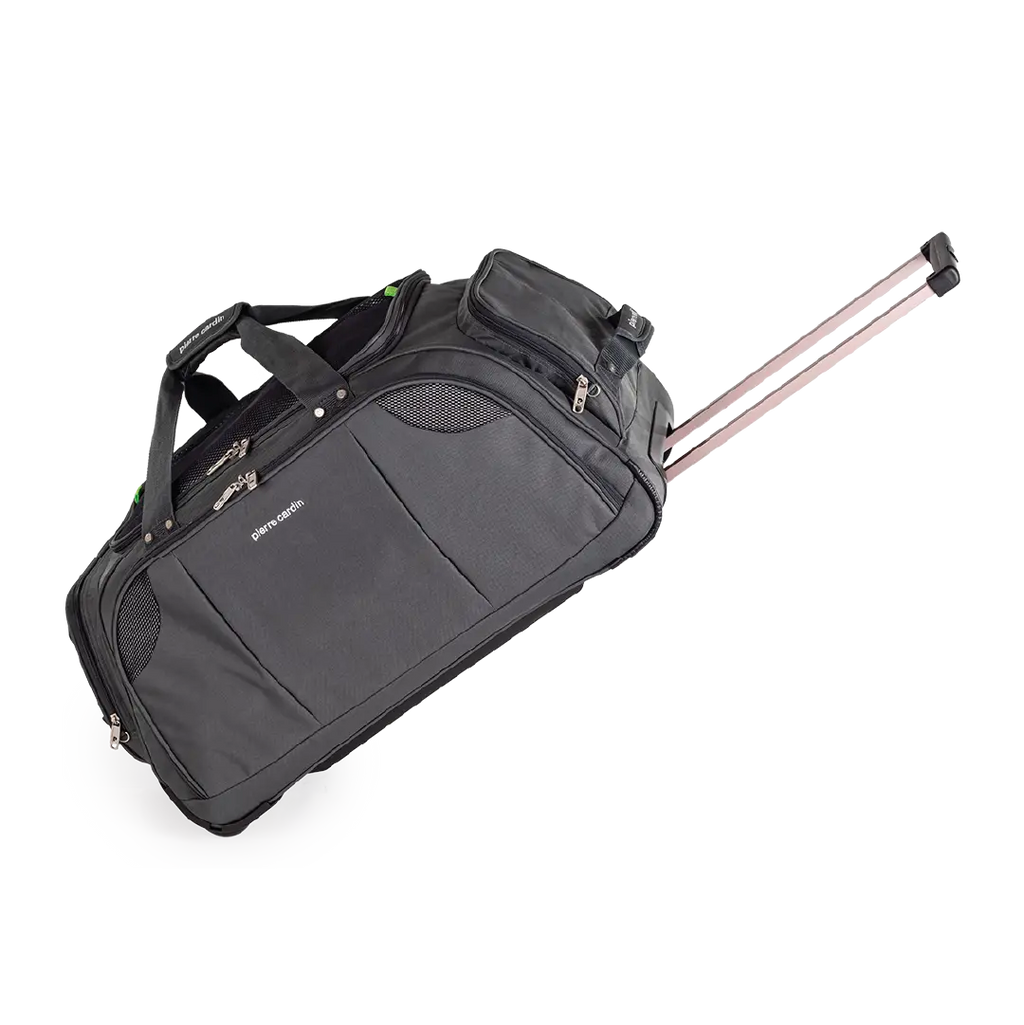 Black rolling suitcase with a visible brand logo on a white background