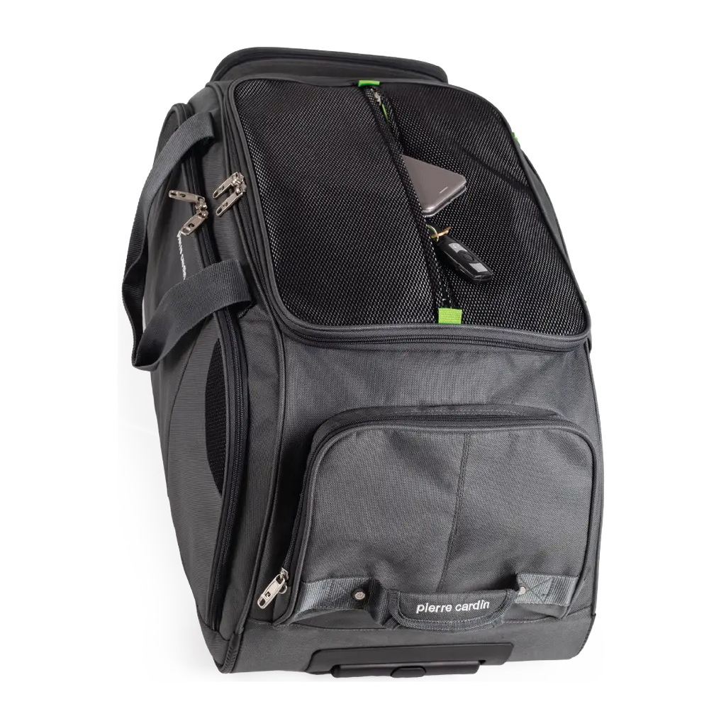 Black and gray travel bag with visible brand name on a white background