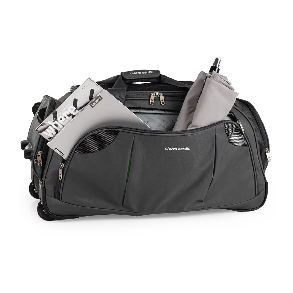 Gray duffel bag with a gray umbrella inside on a white background