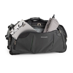 Gray duffel bag with a gray umbrella inside on a white background