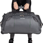 Person holding a gray duffel bag with 'Pierre Cardin' branding on a white background