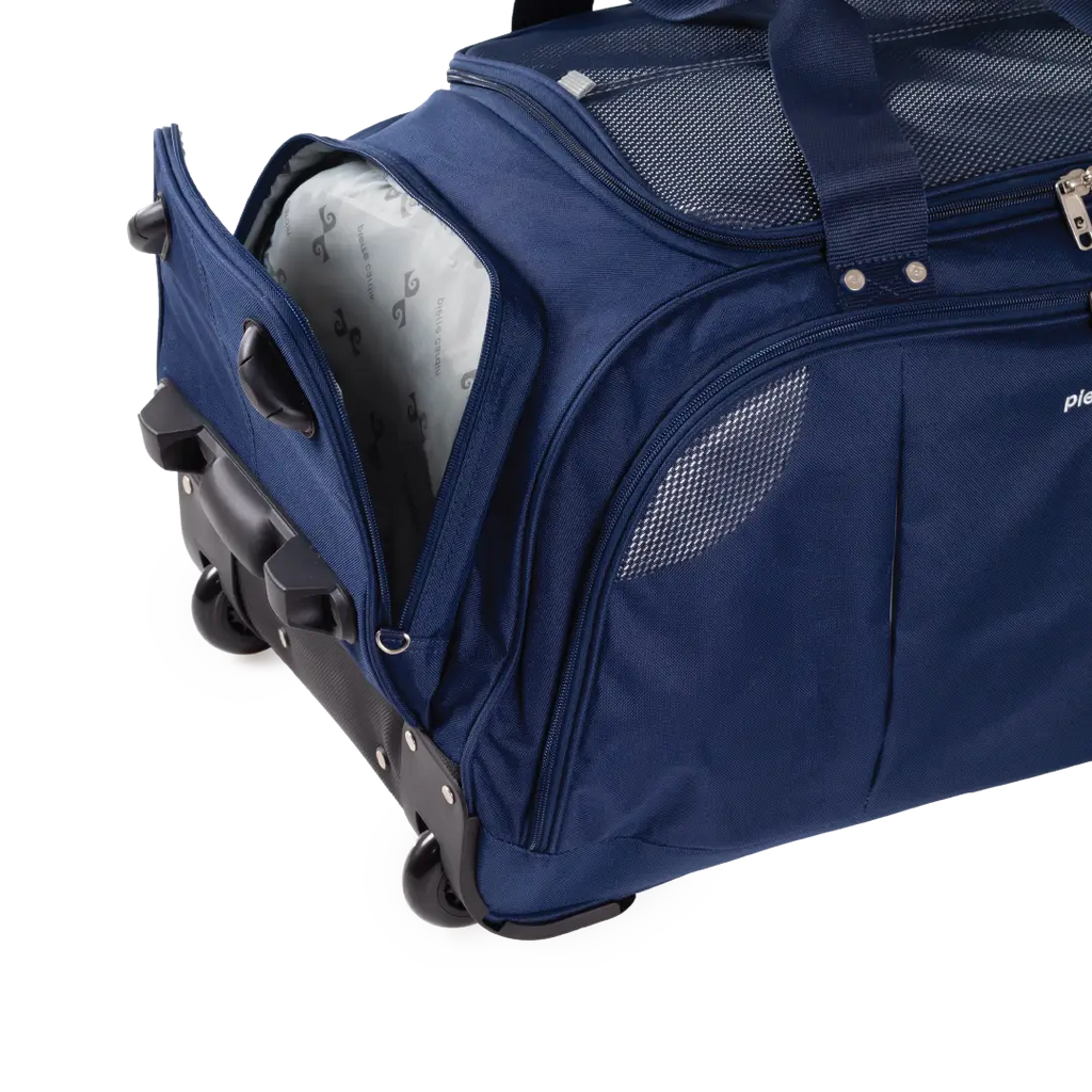 Blue rolling duffel bag on a white background