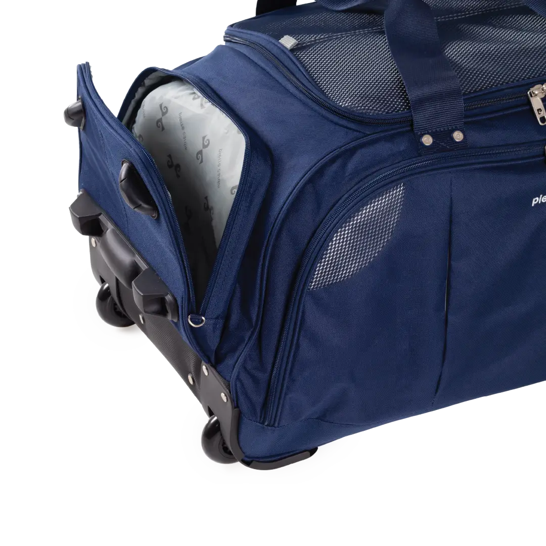 Blue rolling duffel bag on a white background