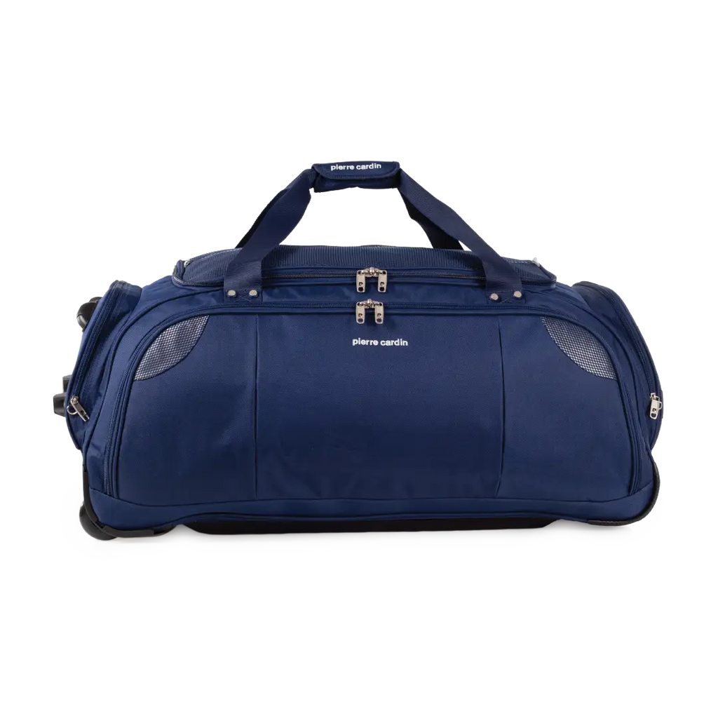 Blue duffel bag with wheels on a white background