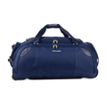 Blue duffel bag with wheels on a white background