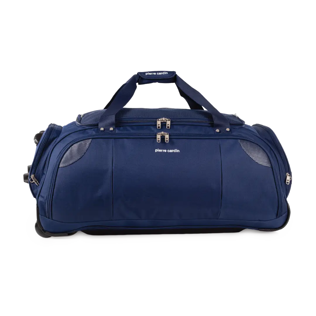 Blue duffel bag with wheels on a white background