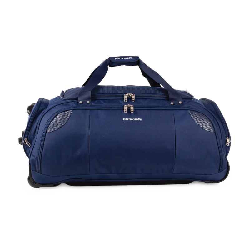Blue duffel bag with wheels on a white background