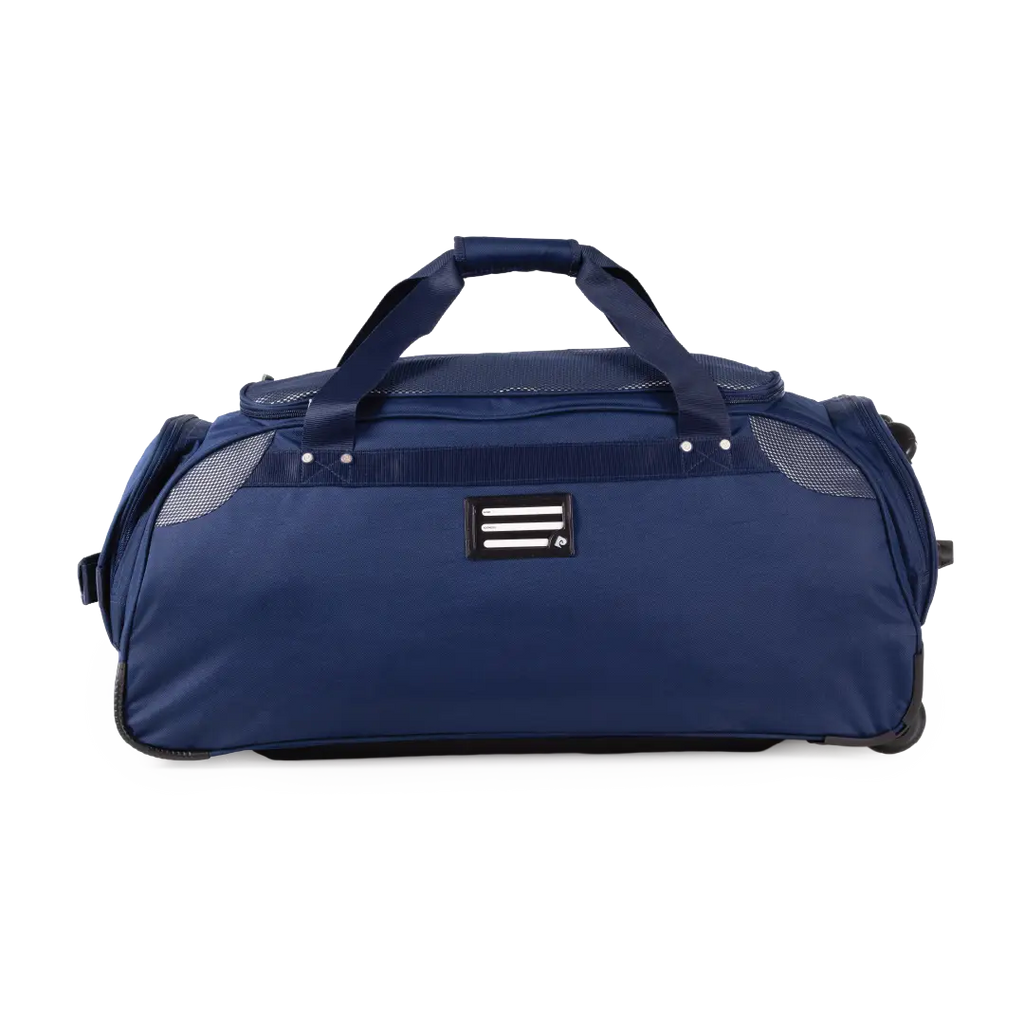 Blue duffel bag with wheels on a white background