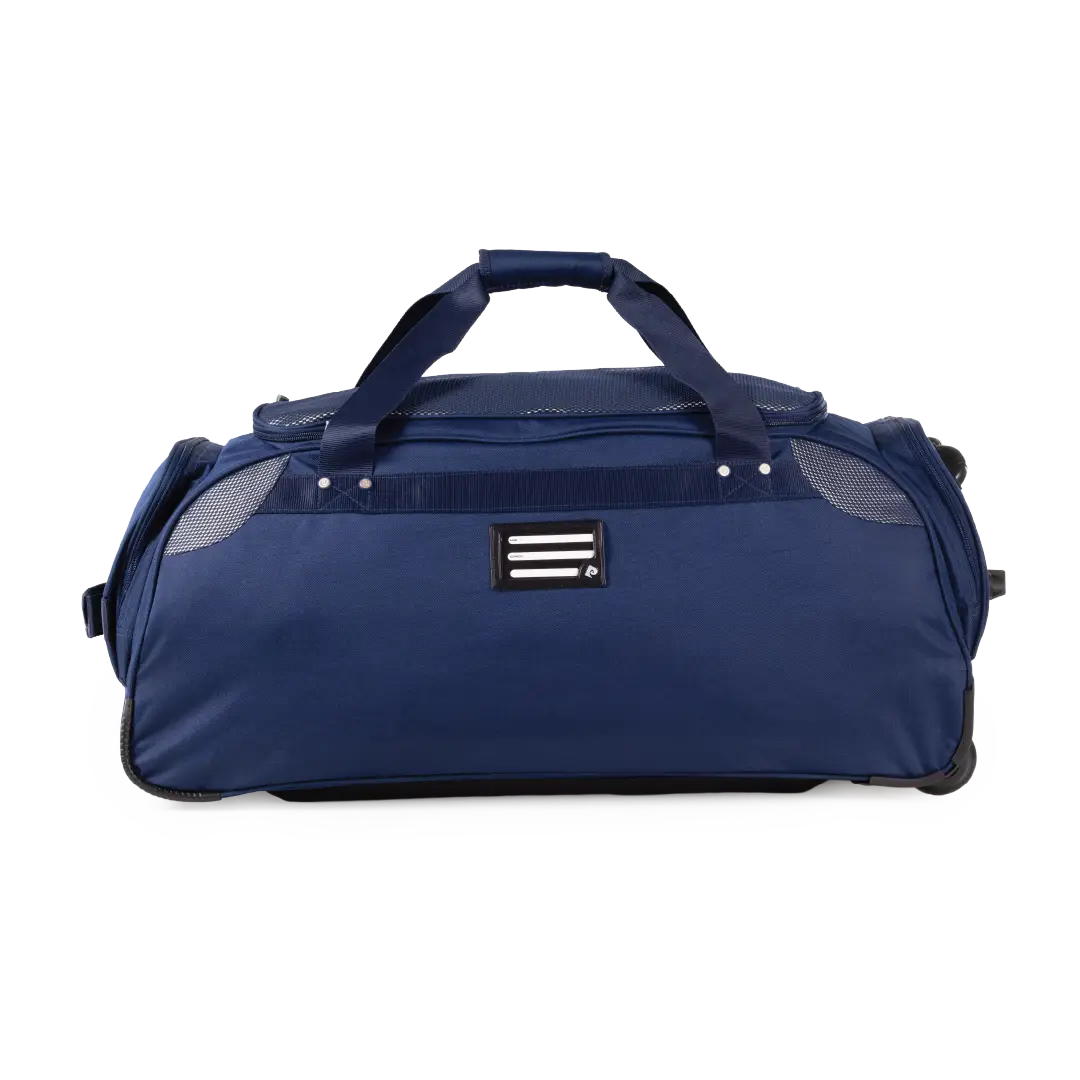 Blue duffel bag with wheels on a white background