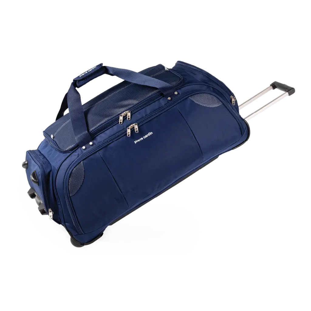 Blue rolling duffel bag on a white background