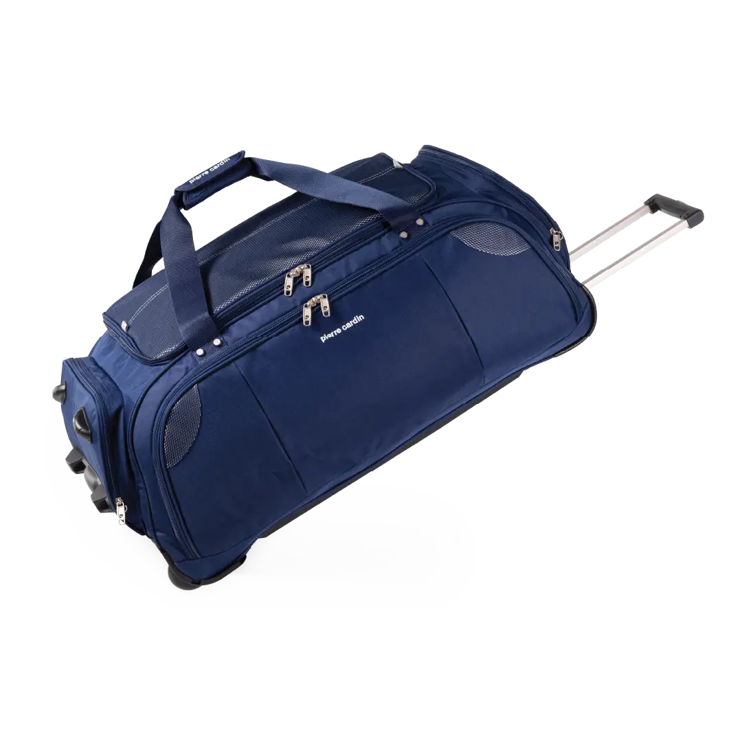 Blue rolling duffel bag on a white background