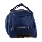 Blue duffel bag with 'Pierre Cardin' branding on a white background