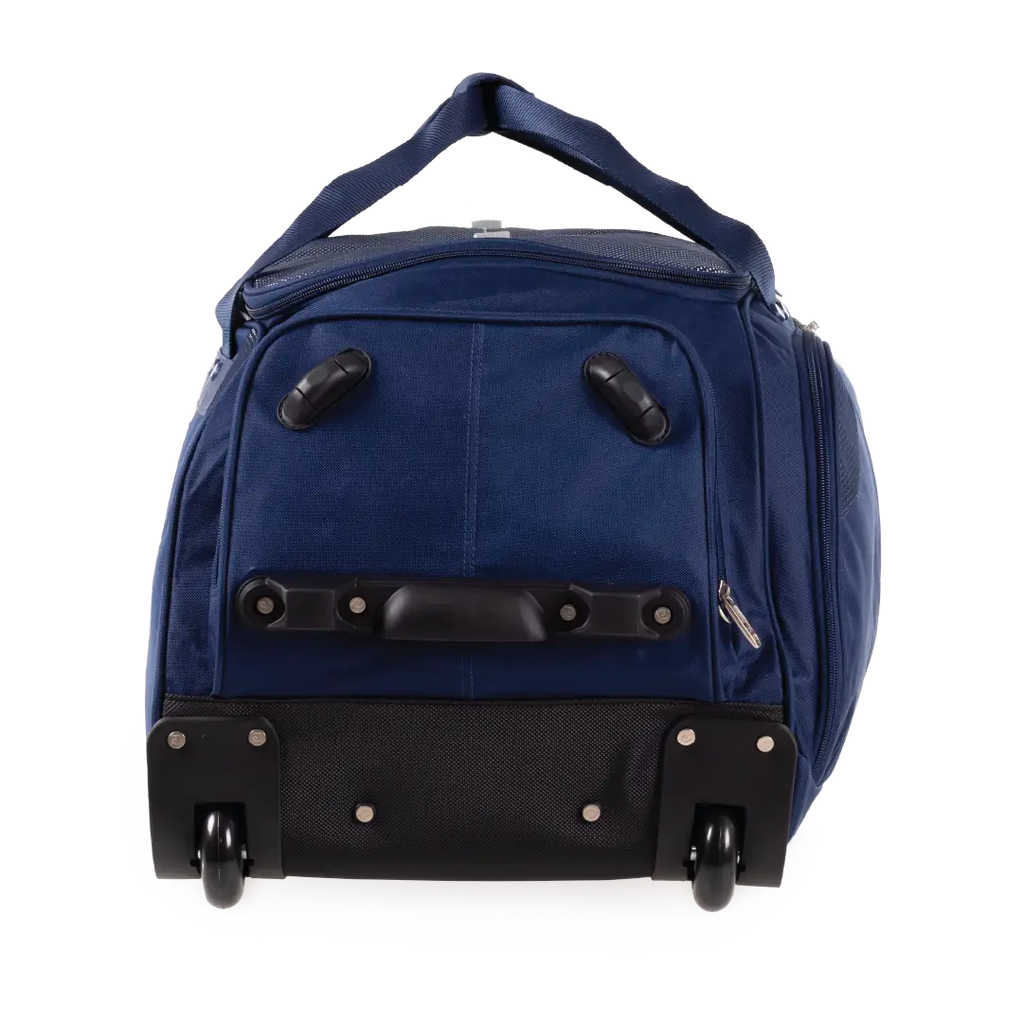 Blue rolling duffel bag on a white background