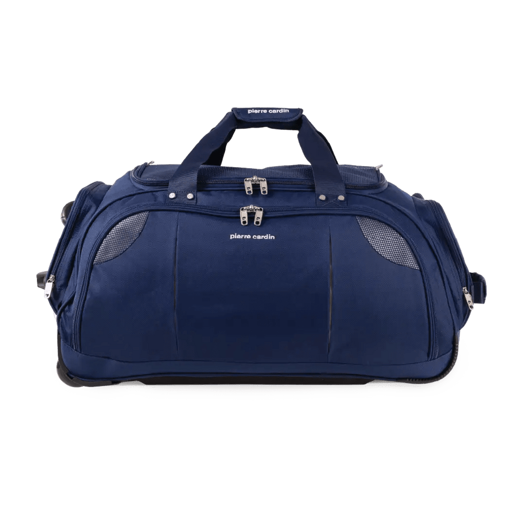 Blue duffel bag with wheels on a white background