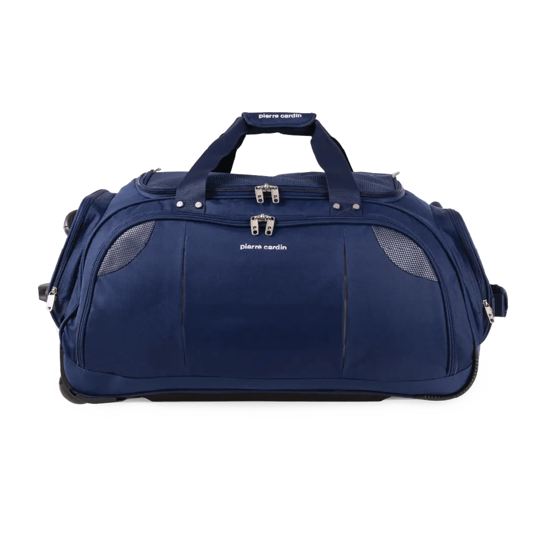 Blue duffel bag with wheels on a white background