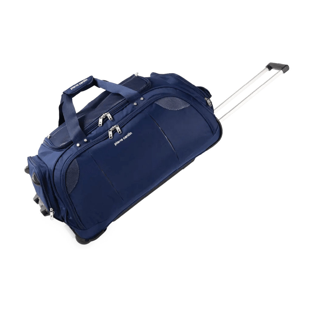 Blue rolling suitcase on a white background