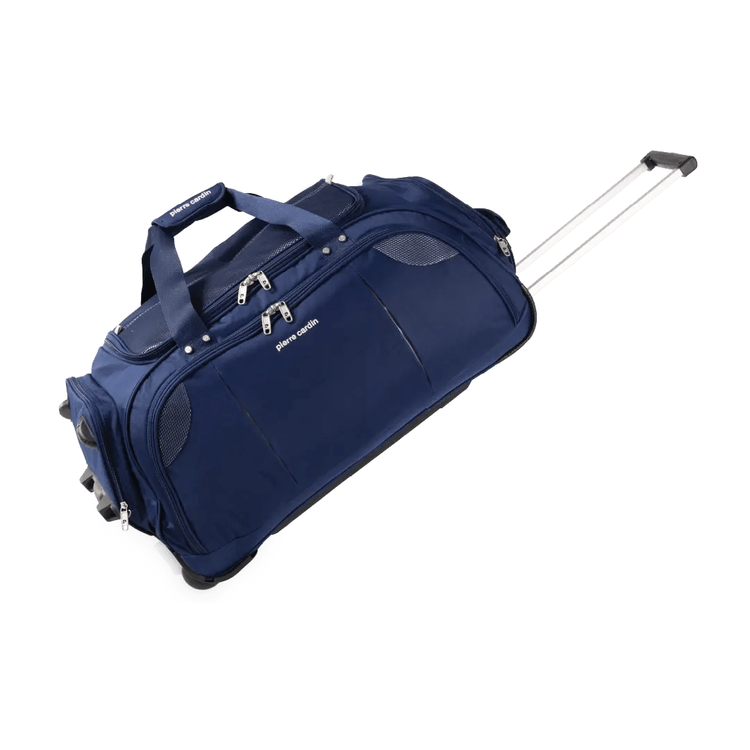 Blue rolling suitcase on a white background