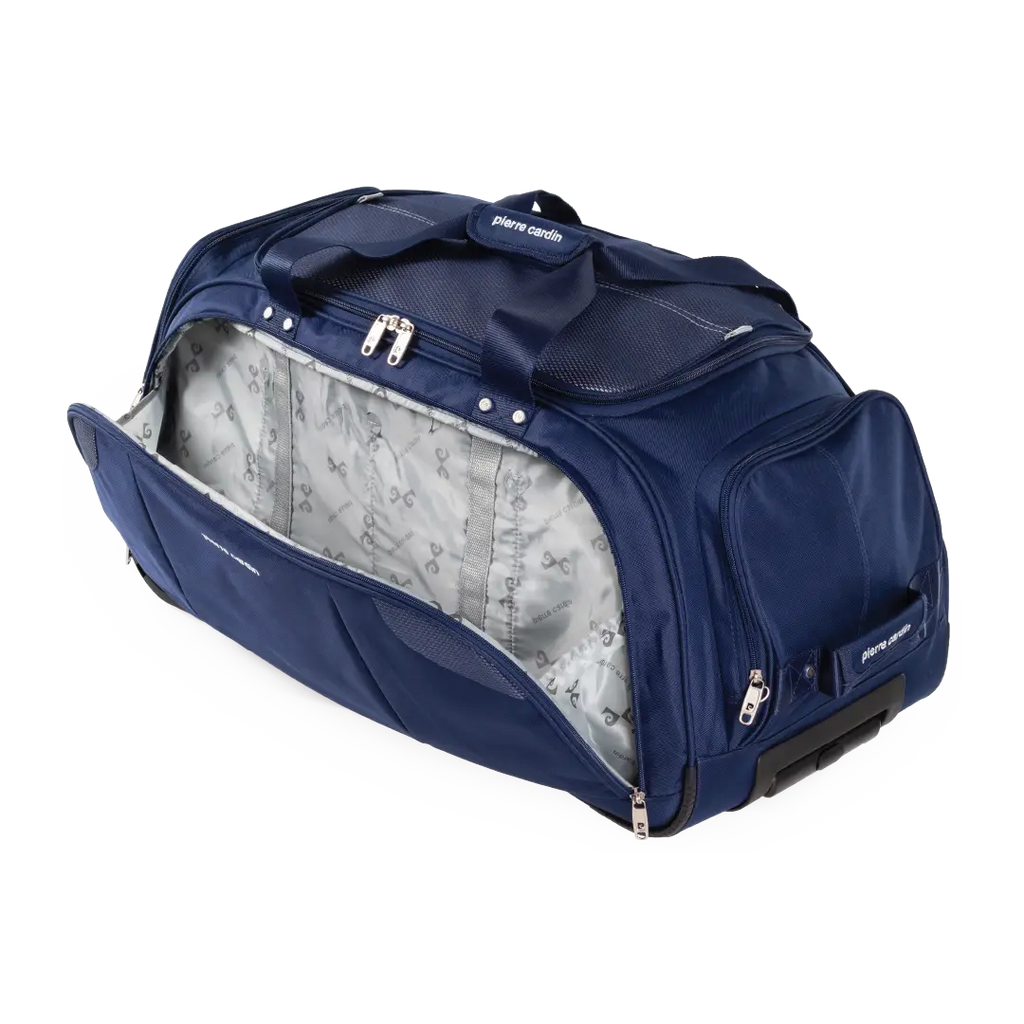 Blue duffel bag with a clear compartment showing a map pattern on a white background