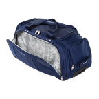 Blue duffel bag with a clear compartment showing a map pattern on a white background