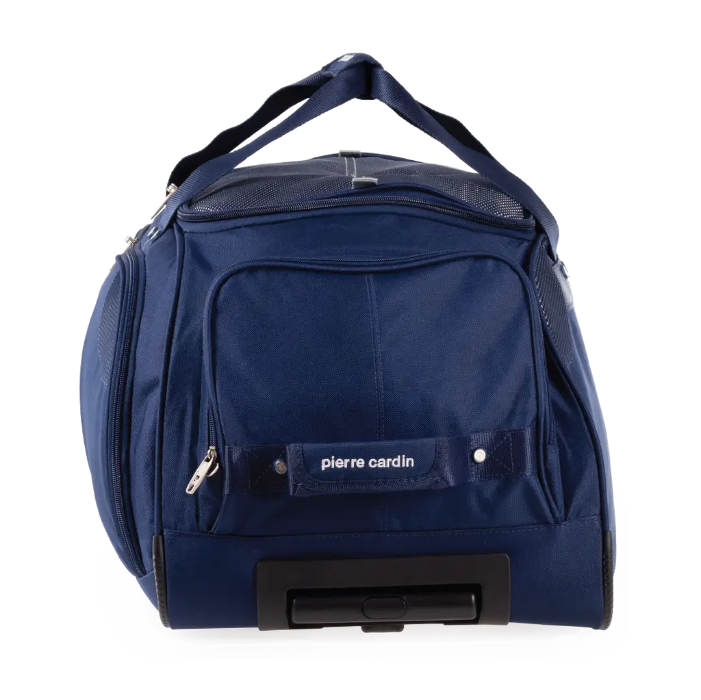 Blue duffel bag with 'Pierre Cardin' branding on a white background