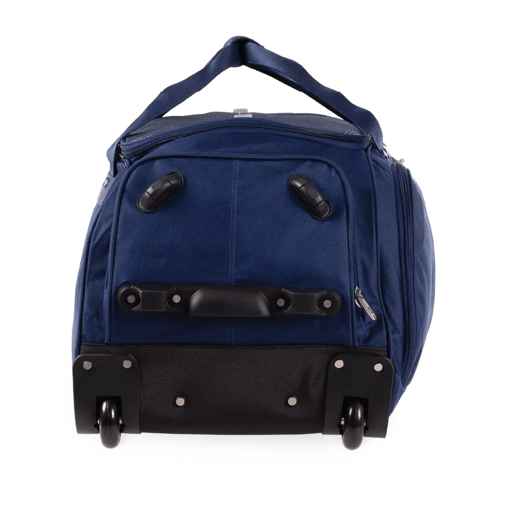 Blue rolling duffel bag on a white background