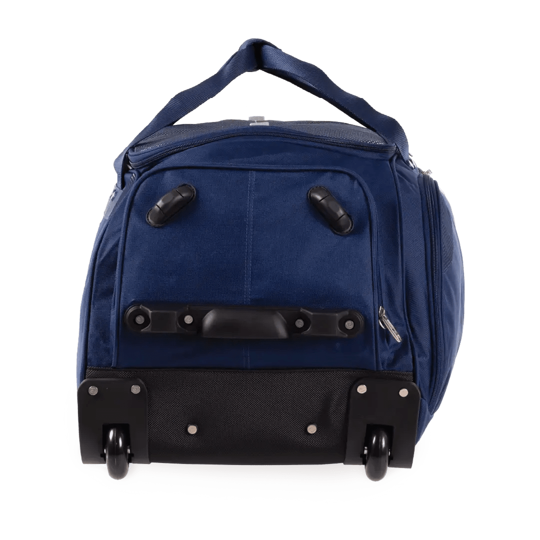 Blue rolling duffel bag on a white background