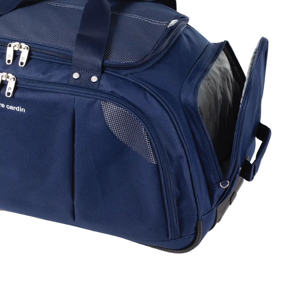 Navy holdall with open top on a white background